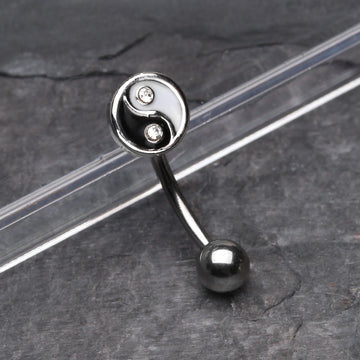 Detail View 1 of Classic Yin Yang Sparkle Curved Barbell-Clear Gem
